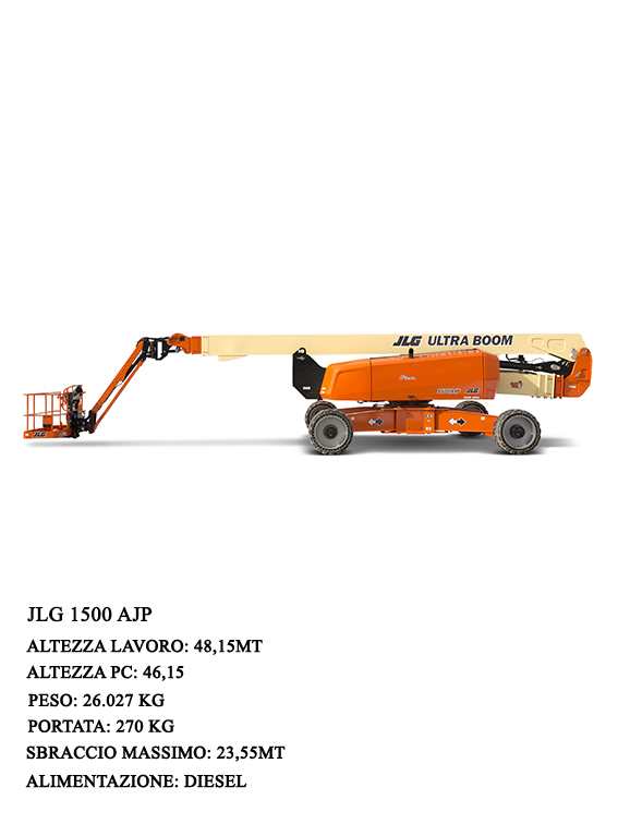  With the JLG1500 AJP, the articulated axles driven by cylinders create a large support surface and position themselves in about 1 minute. You can drive with the platform at maximum height in complete safety for the operator who, thanks to the LCD display