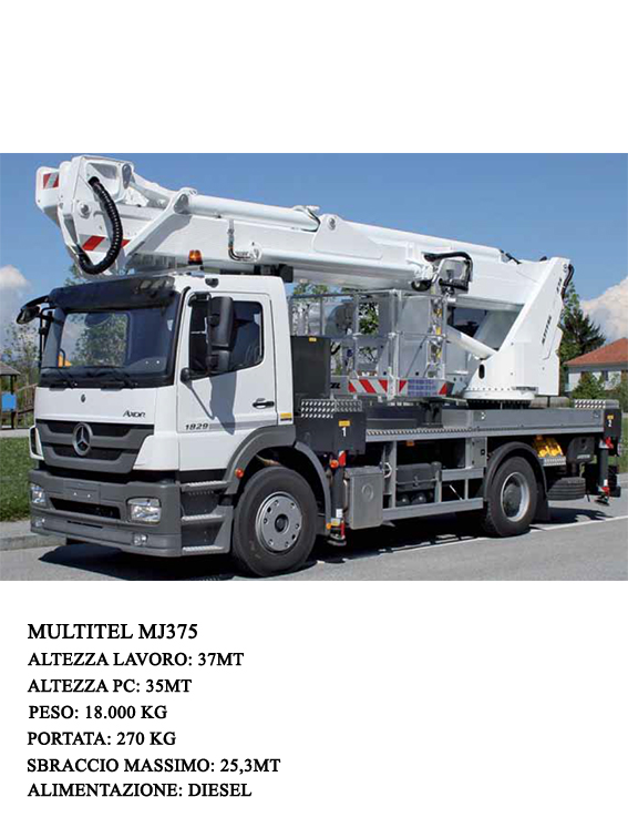 The machine has a Diesel engine and is able to reach a maximum height of 37mt through a basket with a maximum capacity of 500 Kg and a maximum outreach of 25 meters with 120 Kg.